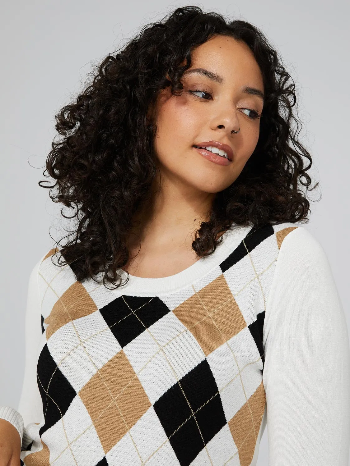 Argyle Long Sleeve Scoop Neck Sweater