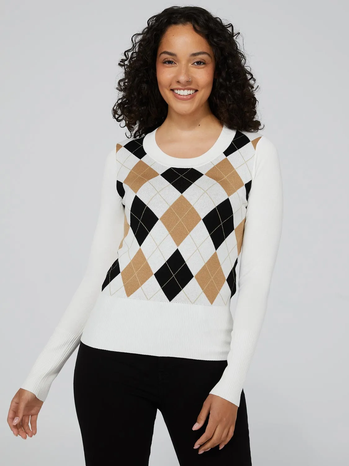 Argyle Long Sleeve Scoop Neck Sweater