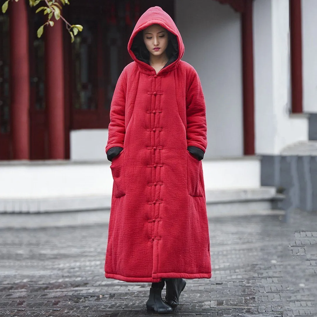 Babakud Women Winter Retro Cotton Linen Hooded Quilted Coat