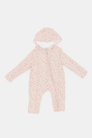 Babies Pink Printed Hooded Jumpsuit Coat