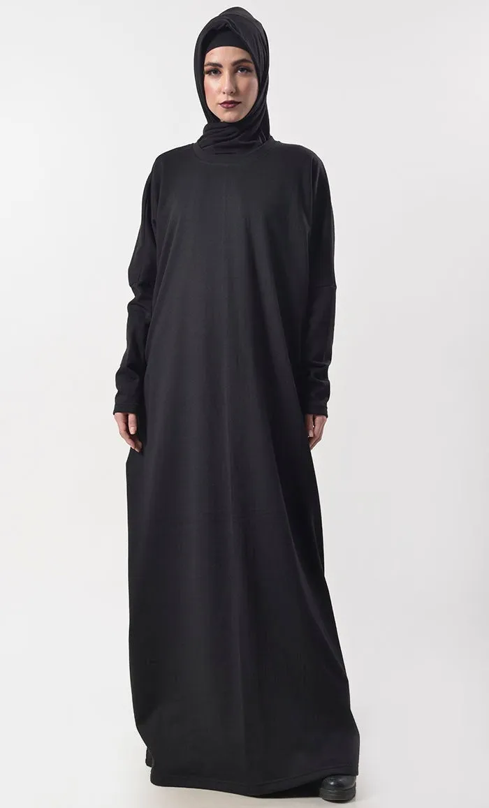 Black Modest Fleece Abaya With Pockets