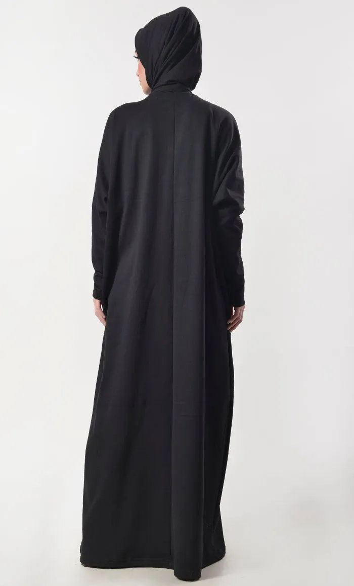 Black Modest Fleece Abaya With Pockets