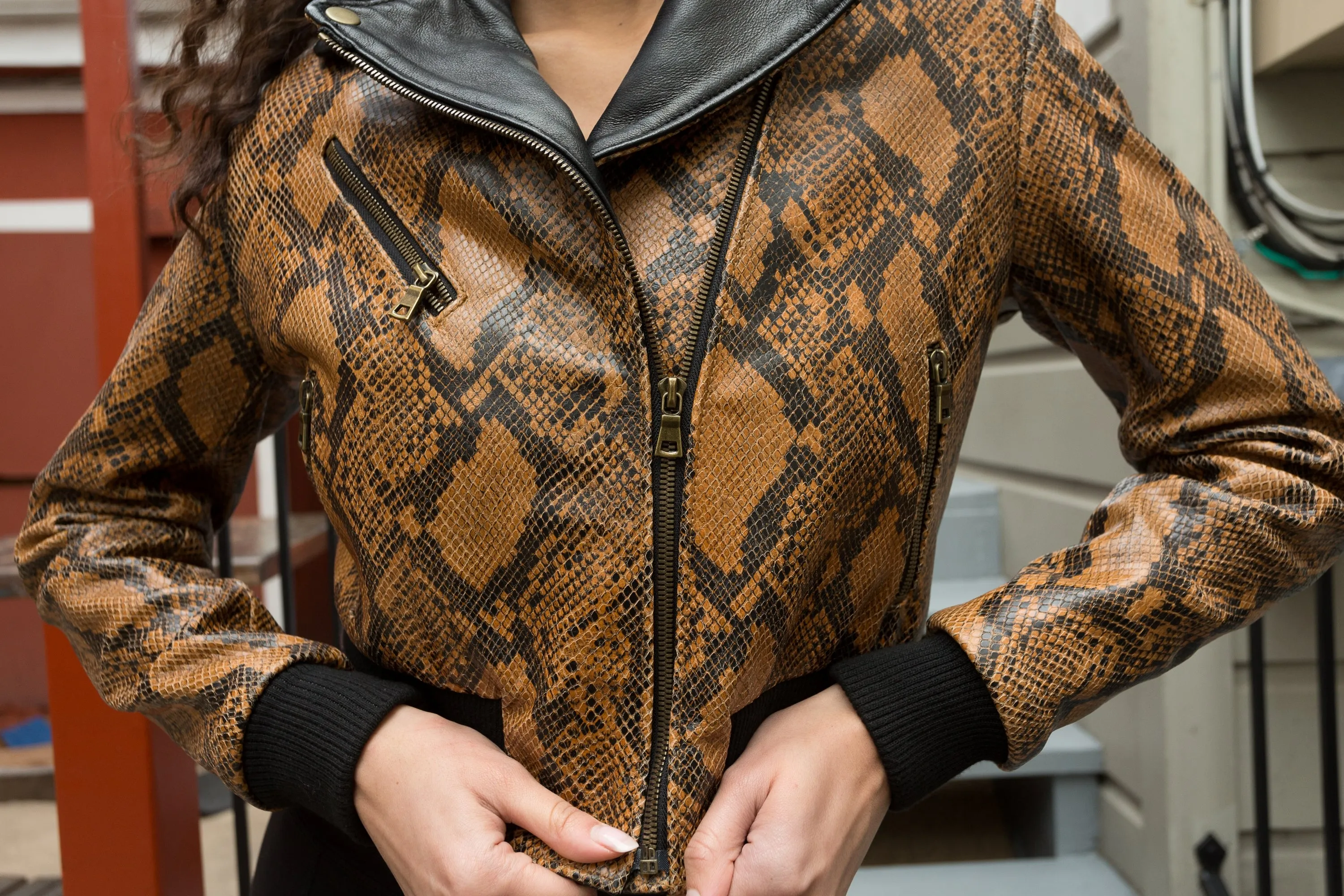 Brown Snakeskin Bomber Biker Jacket