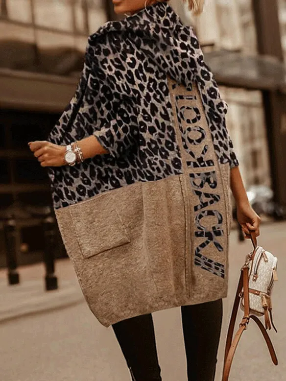 Coats Lazy Style Loose Long Sleeve Leopard Woolen Coat for Women