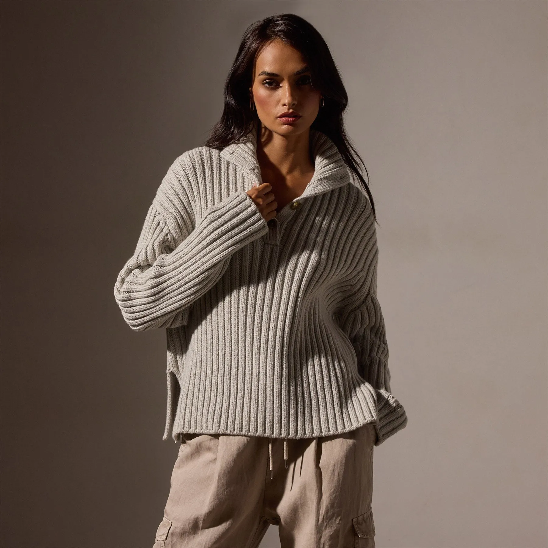 Cotton Knit Funnel Neck Sweater - Salt