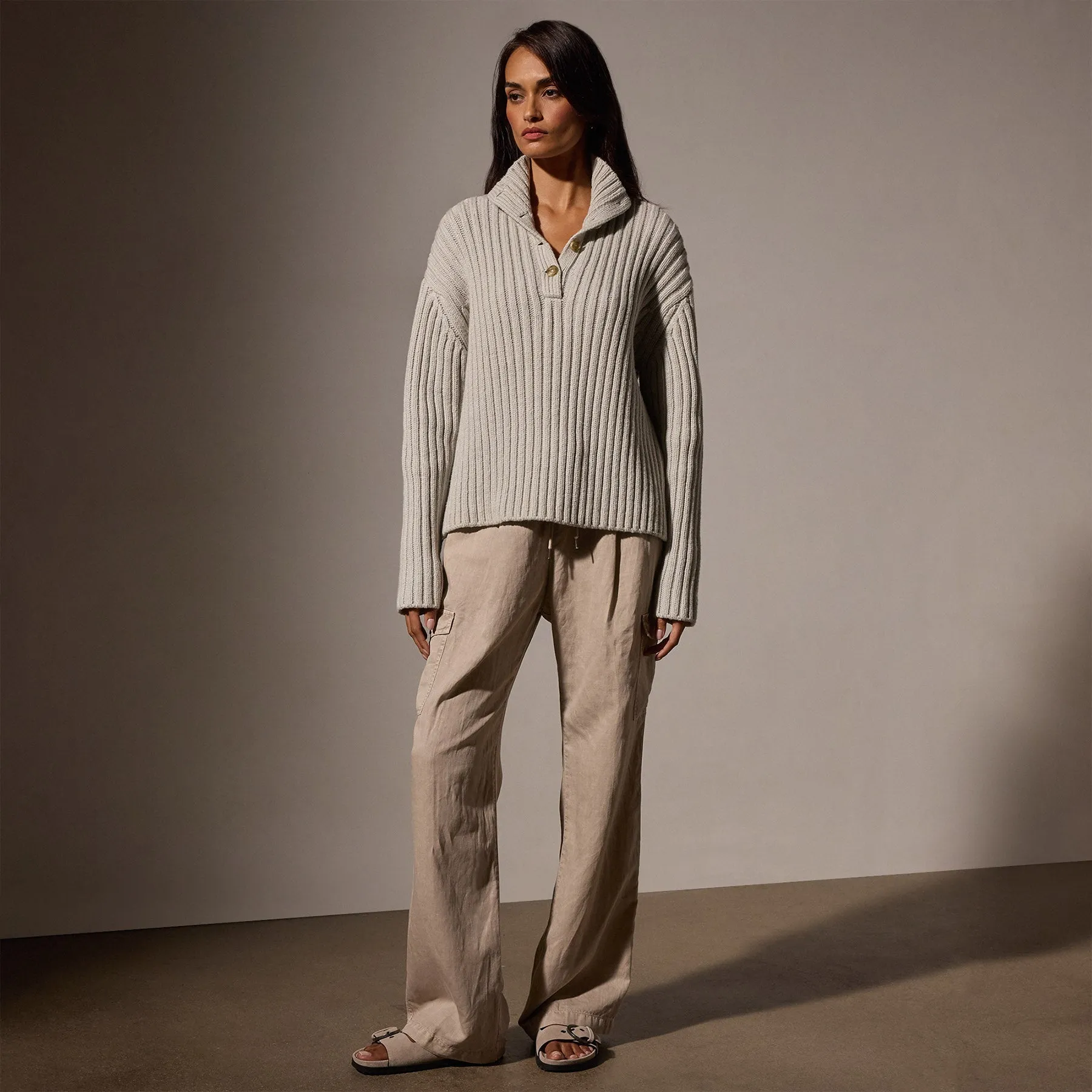 Cotton Knit Funnel Neck Sweater - Salt