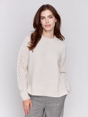 Fishnet Sleeve Crew Neck Sweater - Almond