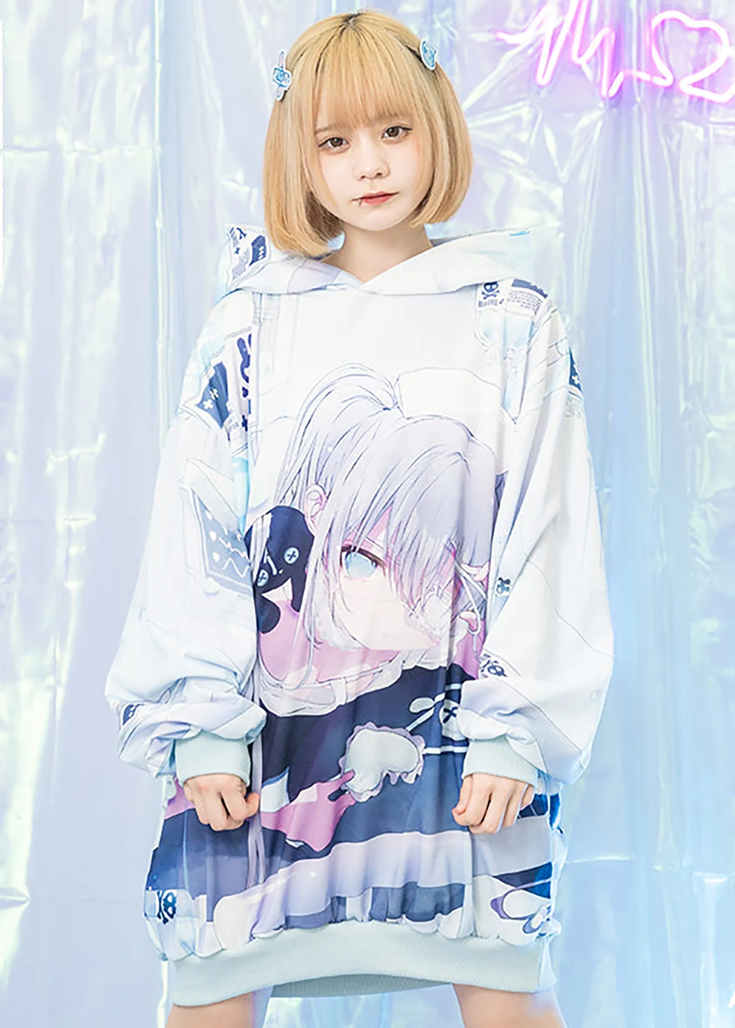 Healing Hearts Oversized Anime Blue Hoodie