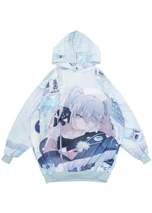 Healing Hearts Oversized Anime Blue Hoodie