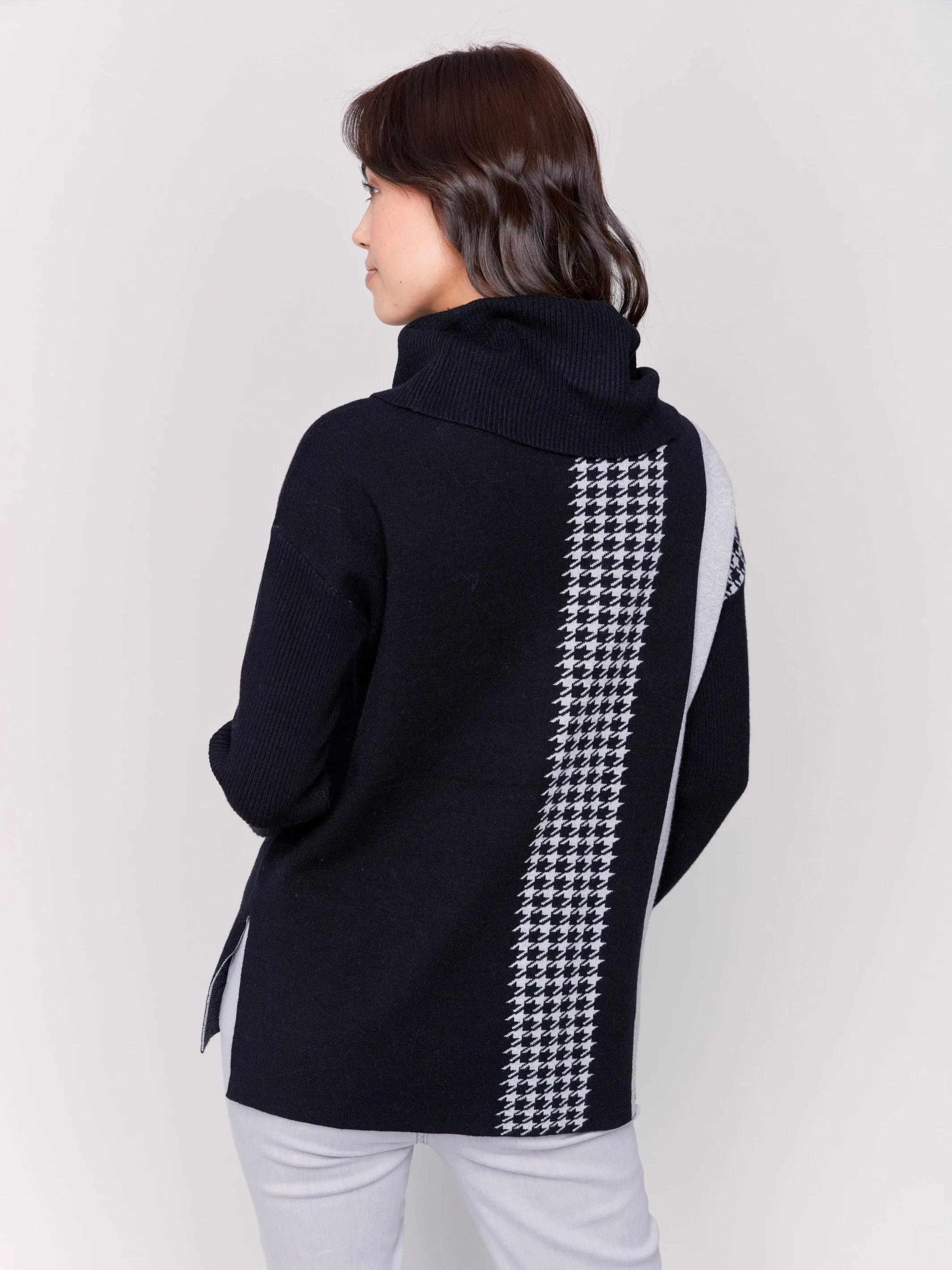 Houndstooth Stripe Cowl Neck Sweater - Black