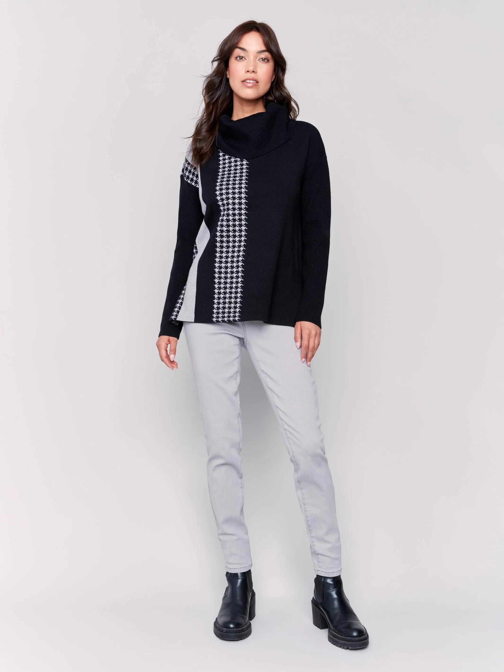 Houndstooth Stripe Cowl Neck Sweater - Black