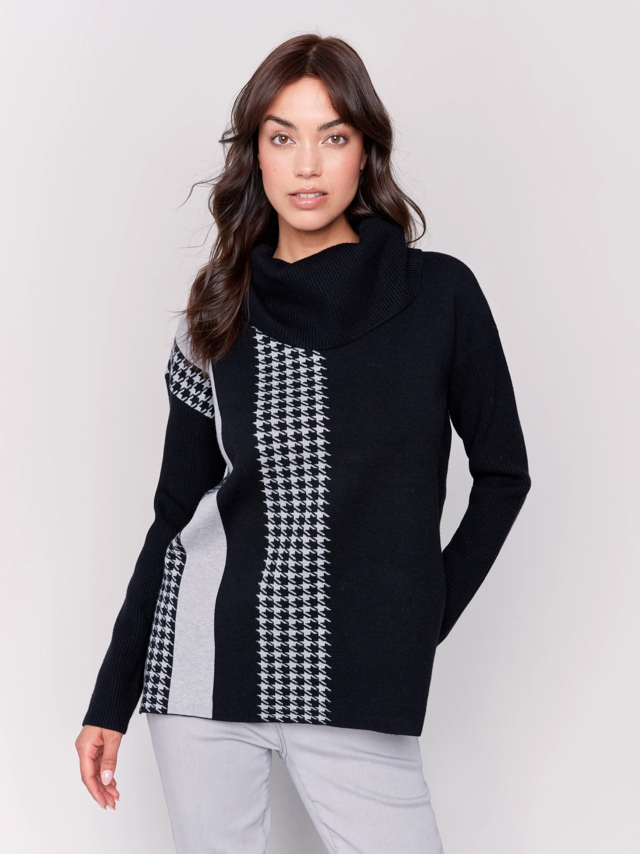 Houndstooth Stripe Cowl Neck Sweater - Black