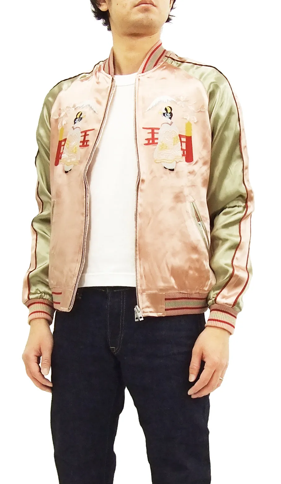 Japanesque Japanese Souvenir Jacket 3RSJ-029 Japan map Men's Sukajan Pink/Gold