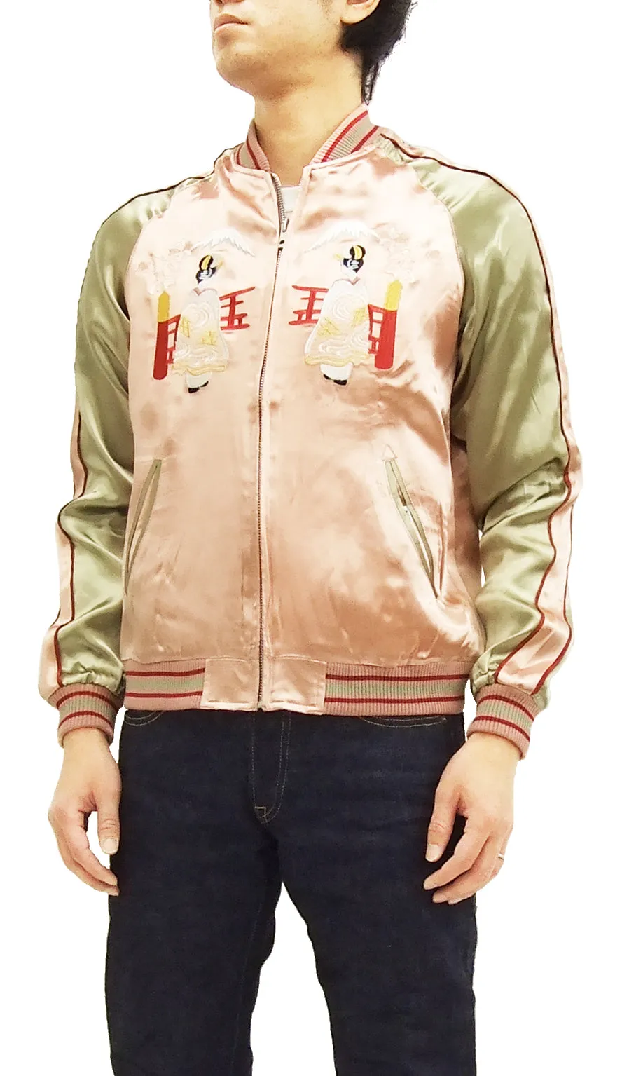 Japanesque Japanese Souvenir Jacket 3RSJ-029 Japan map Men's Sukajan Pink/Gold