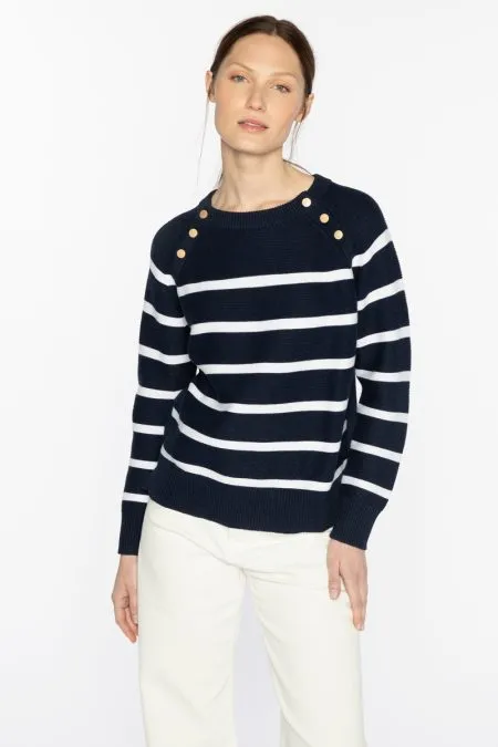 Kinross Cashmere Stripe Button Crew