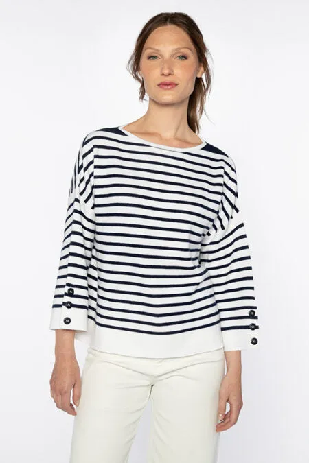 Kinross Cashmere Stripe Button Slv Pullover