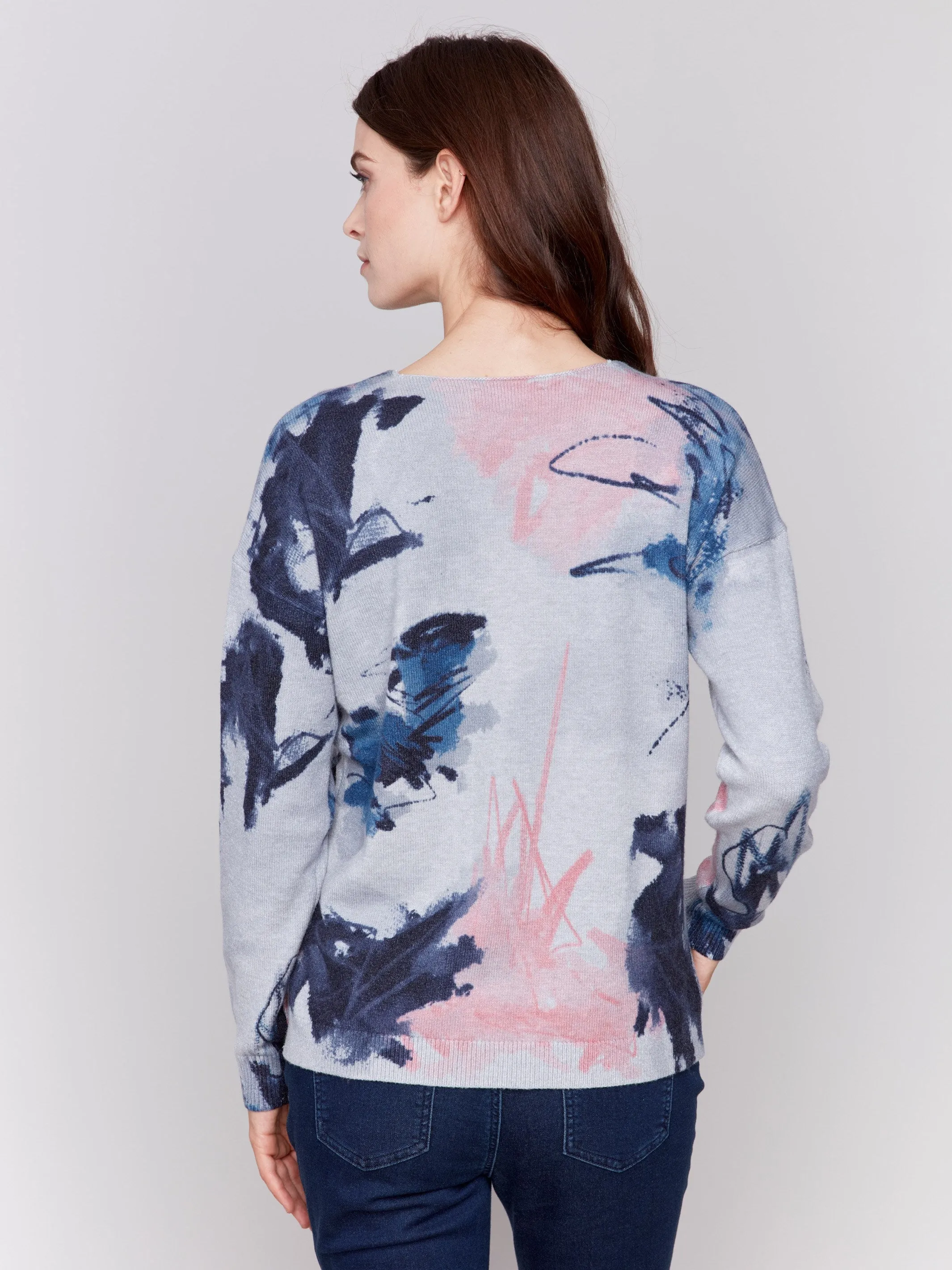 Printed Plush Knit V-Neck Sweater - Quartz