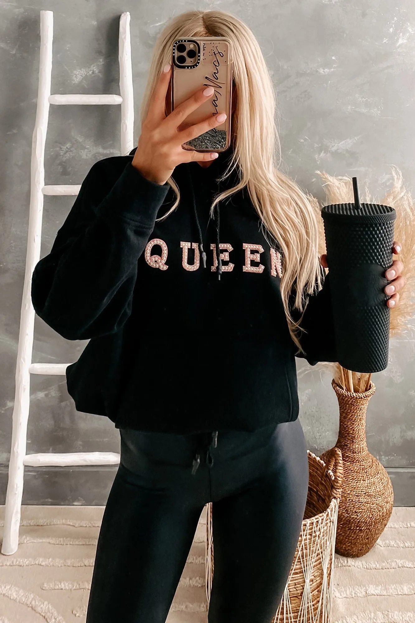 "Queen" Pearl Embellished Drawstring Hem Hoodie (Black)