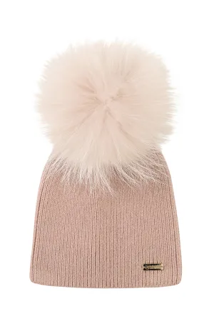 Ribbed knit angora single pompom hat - Beige