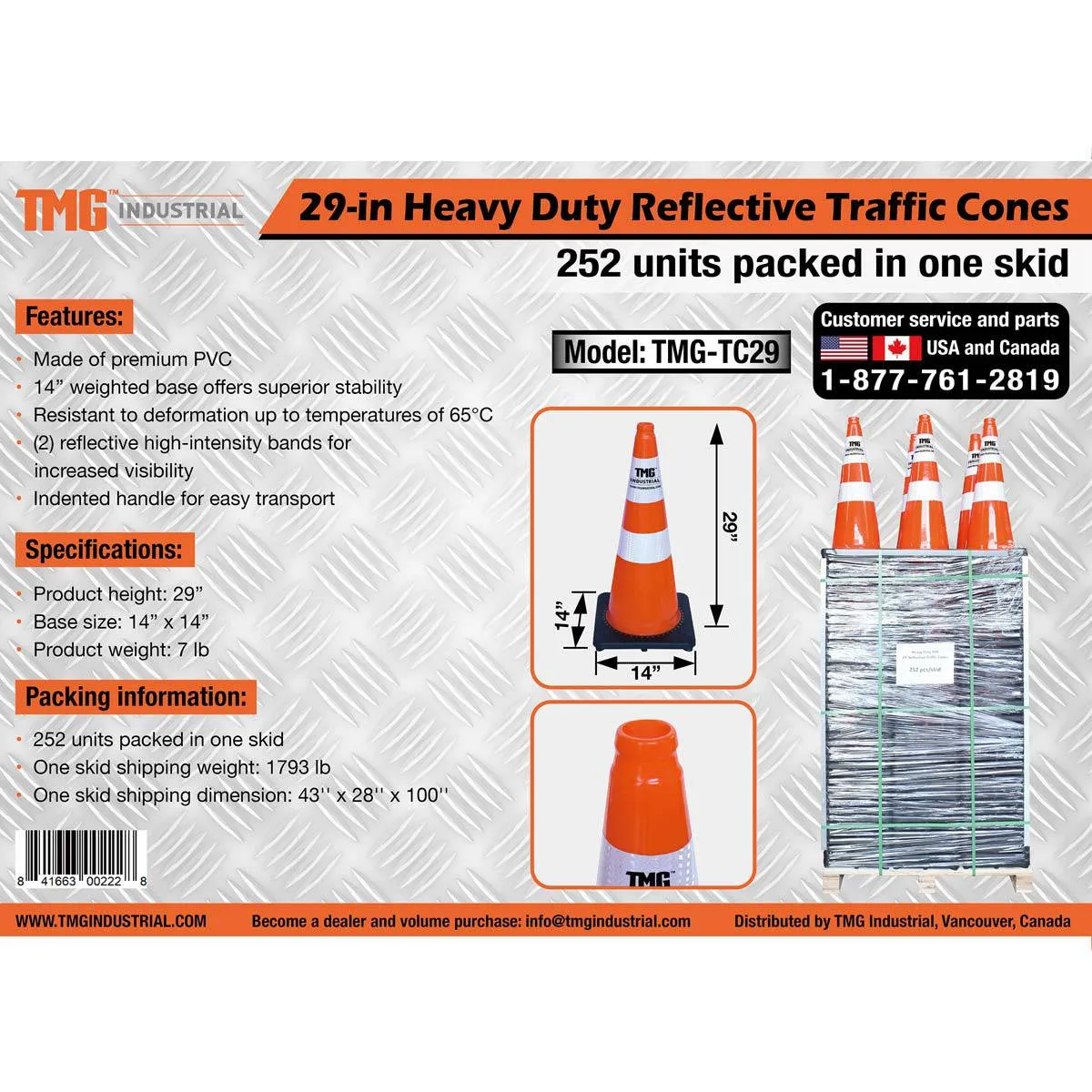 TMG Industrial 29” PVC Reflective Traffic Cones, 252 Cones, 14” Square Base, Hot & Cold Weather, High-Intensity Reflective Bands, TMG-TC29