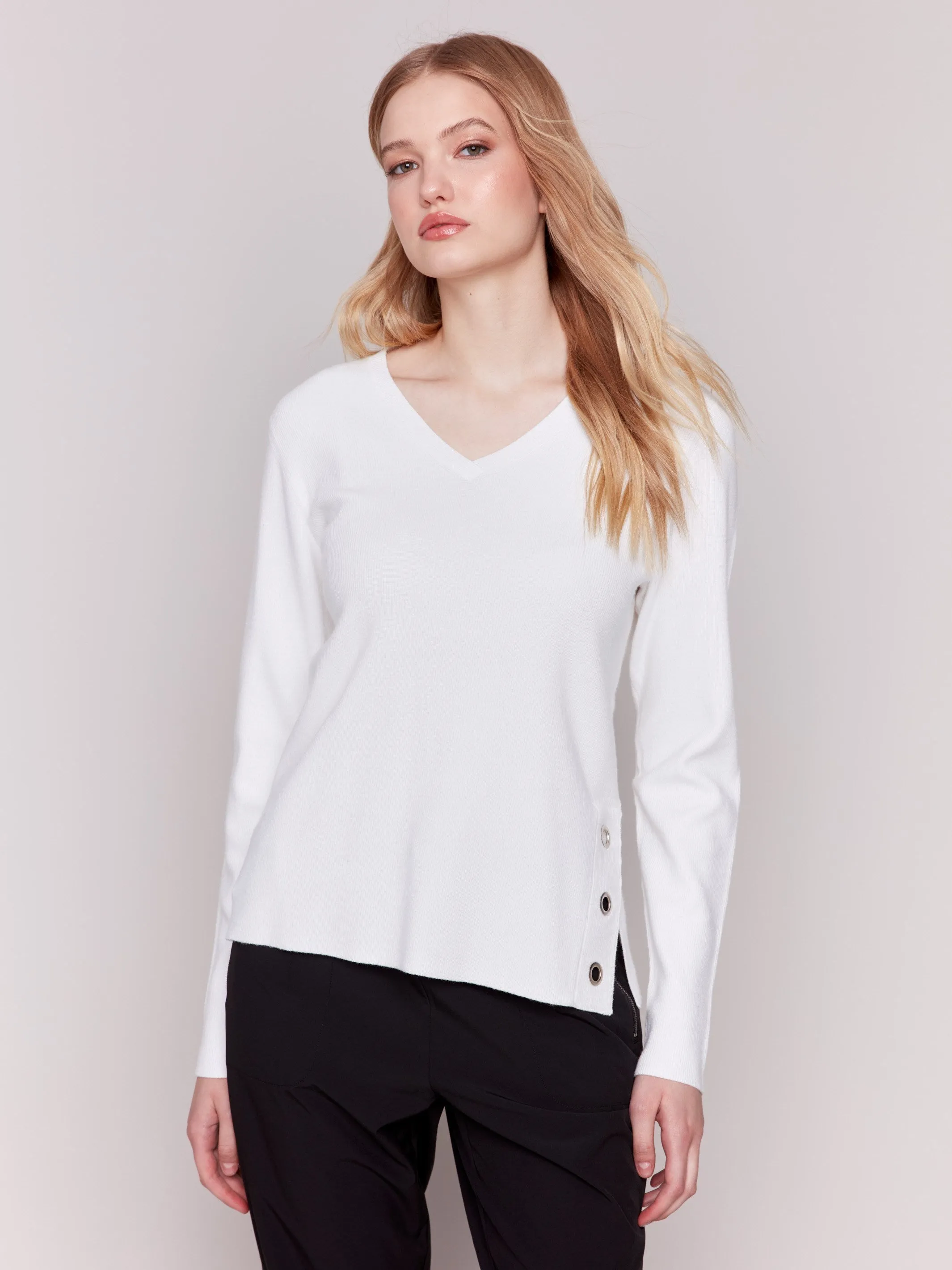 V-Neck Sweater with Grommet Detail - Cream