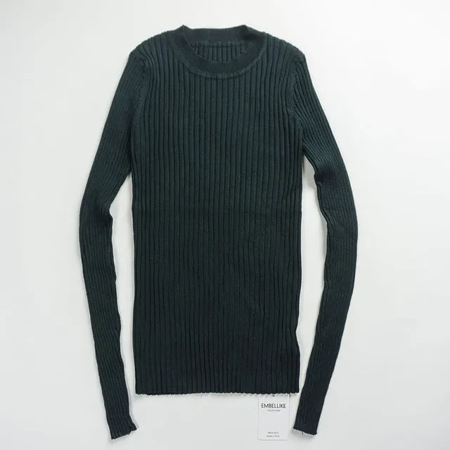 Women Sweater Pullover Basic Knitted Tops Solid Crew Neck Essential Jumper Long Sleeve Ribbed Sweaters Autumn Winter 2017