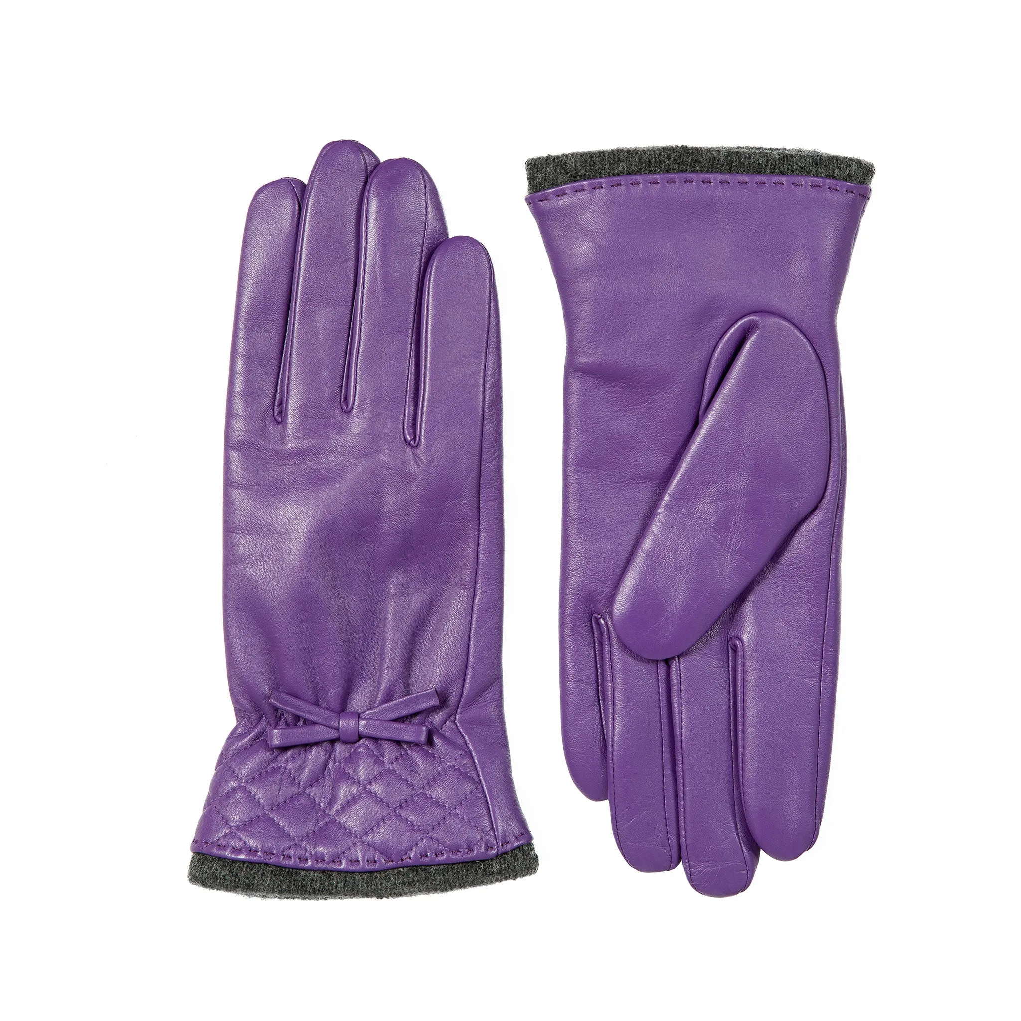 Women’s Wool-Lined Leather Gloves with Quilted Cuffs and Bow