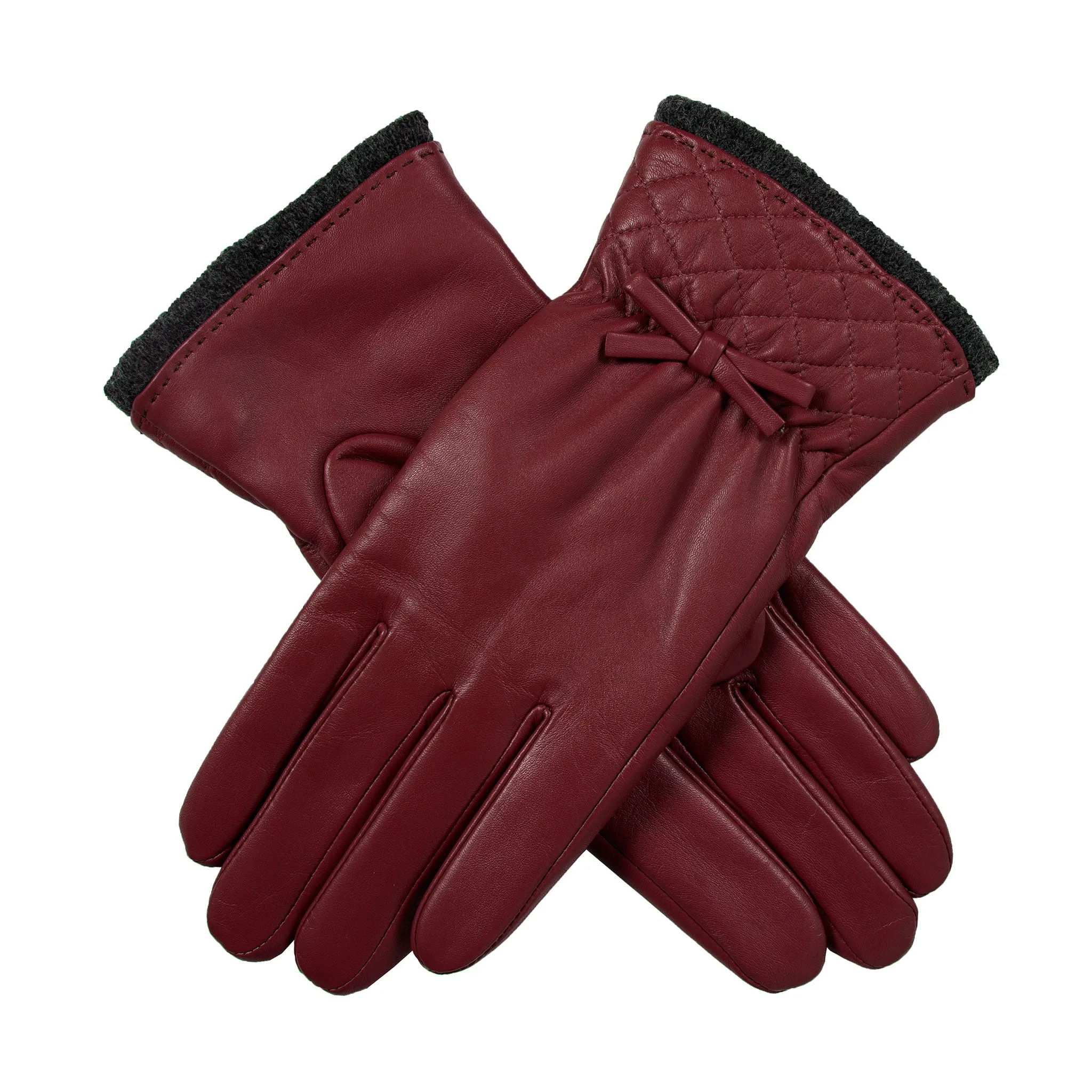 Women’s Wool-Lined Leather Gloves with Quilted Cuffs and Bow